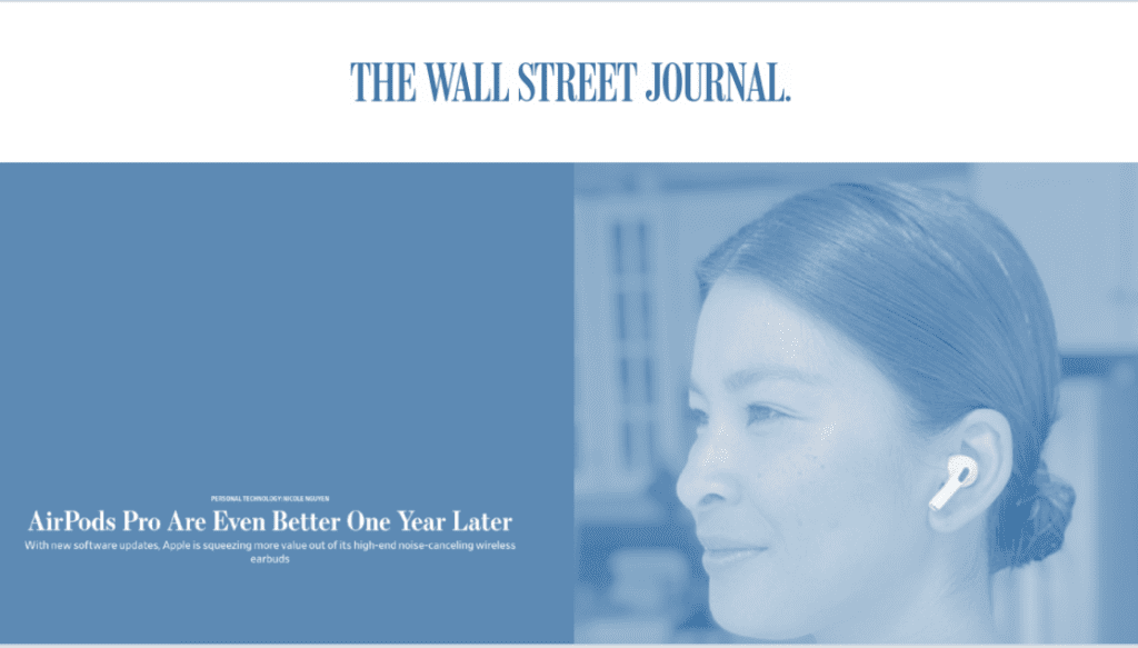 Screenshot of the header from Wall Street Journal that explains how AirPods are in constant improvement and how they could be even better one year after their launch.